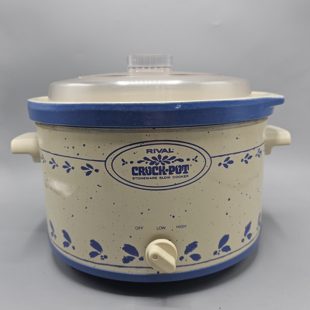 Vintage Rival 5 Qt Crock Pot Slow Cooker Blue Cottage Country Stoneware w/ Lid